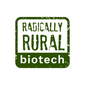 Square logo with "Radically Rural" written in all caps on a transparent background and "biotch" written under it in white on a dark green background.