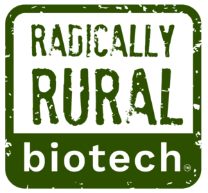 Square logo with "Radically Rural" written in all caps on a transparent background and "biotch" written under it in white on a dark green background.