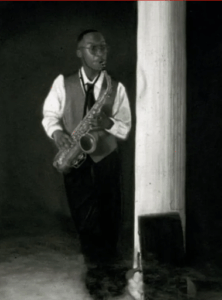 A black and white portrait of a man playing the saxophone.